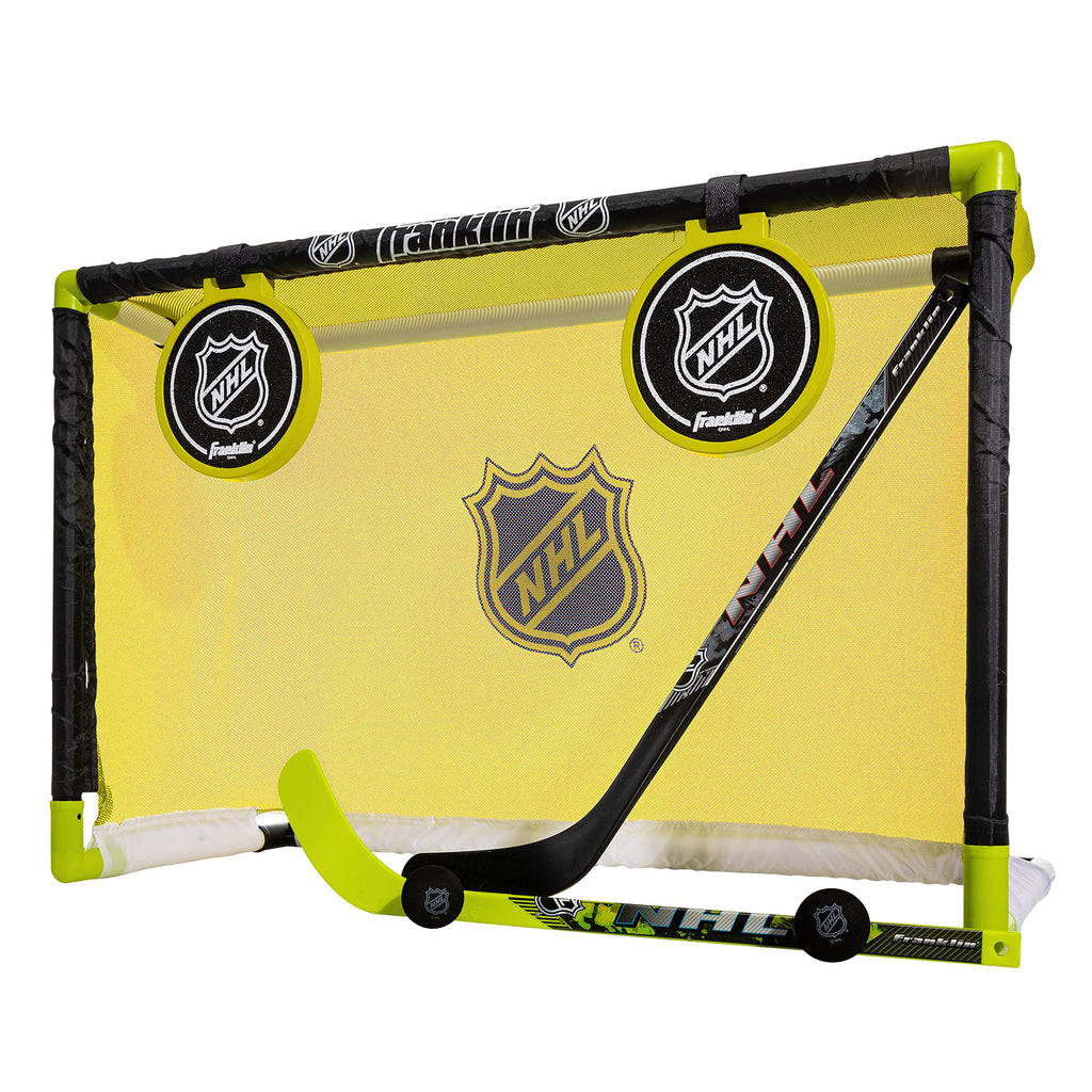 Franklin Sports Mini Hockey Goal Set - Indoor Knee Hockey Goal + (2) Shinny Hockey Sticks - (2) Mini Foam Hockey Balls + Pop Out Shooting Targets - All Star Yellow 32" X 21" X 12"