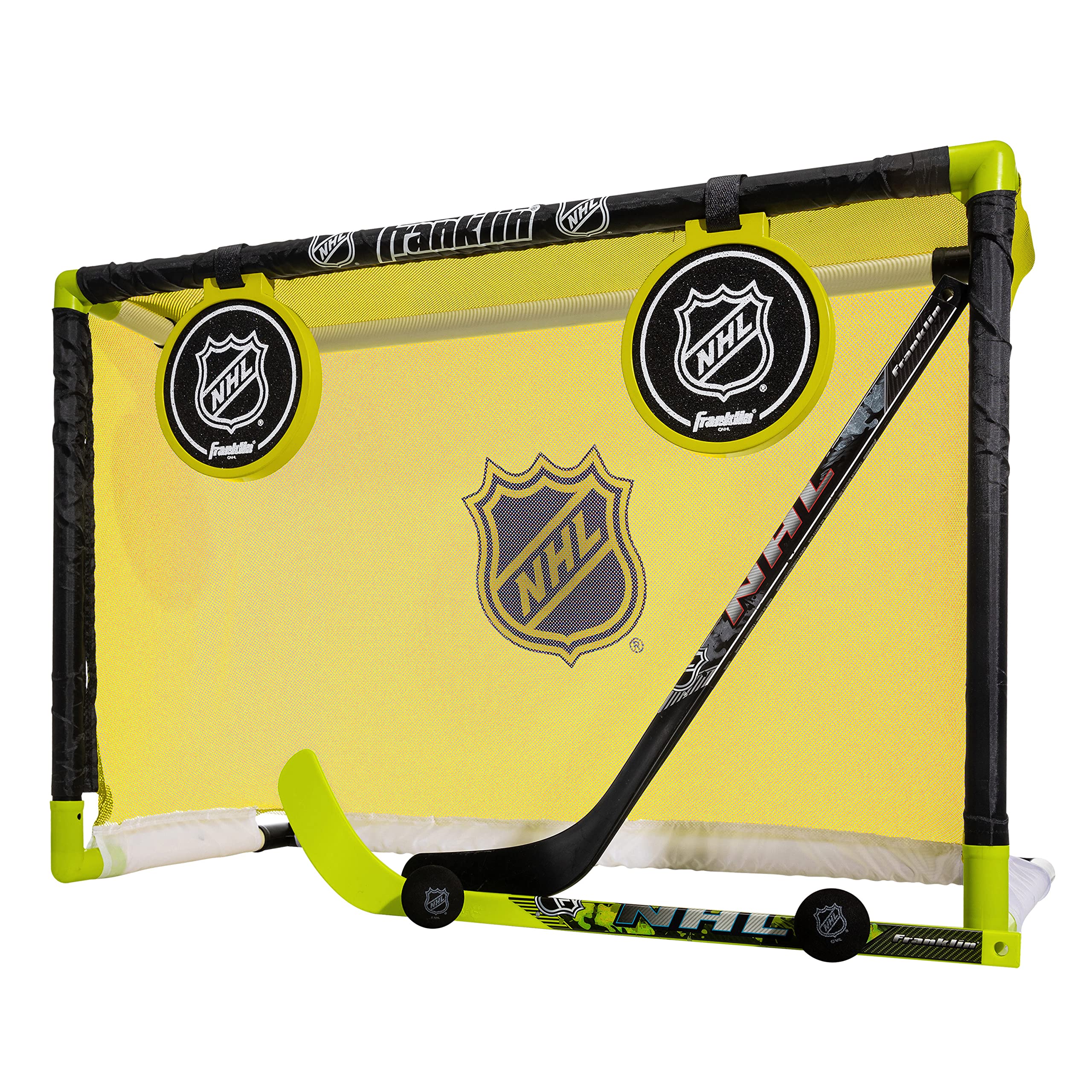 Franklin Sports Mini Hockey Goal Set - Indoor Knee Hockey Goal + (2) Shinny Hockey Sticks - (2) Mini Foam Hockey Balls + Pop Out Shooting Targets - All Star Yellow 32" X 21" X 12"